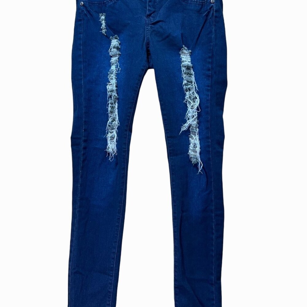 Mujer Moderna - Women's Ripped Stretch Denim Pants - Navy Blue -  9